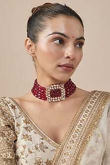 Gold Finish Kundan Polki Red Onyx Beaded Choker Necklace