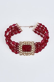 Gold Finish Kundan Polki Red Onyx Beaded Choker Necklace