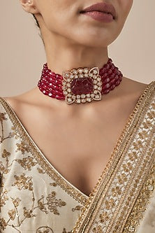 Gold Finish Kundan Polki Red Onyx Beaded Choker Necklace