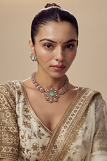 Gold Finish Kundan Polki & Green Stone Choker Necklace Set