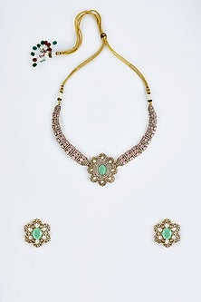 Gold Finish Kundan Polki & Green Stone Choker Necklace Set