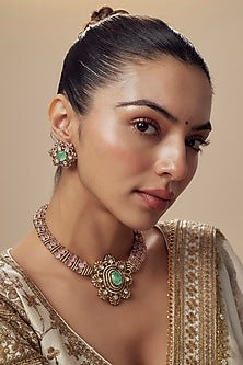 Gold Finish Kundan Polki & Green Stone Choker Necklace Set