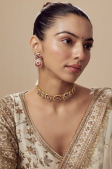 Gold Finish Kundan Polki & Red Stone Choker Necklace Set