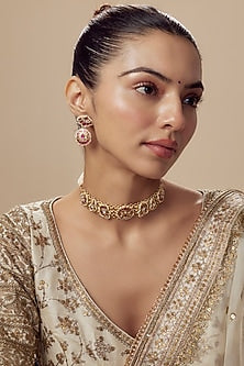 Gold Finish Kundan Polki & Red Stone Choker Necklace Set