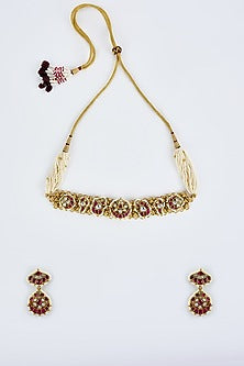 Gold Finish Kundan Polki & Red Stone Choker Necklace Set