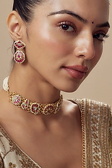 Gold Finish Kundan Polki & Red Stone Choker Necklace Set