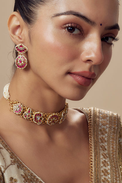 Gold Finish Kundan Polki & Red Stone Choker Necklace Set
