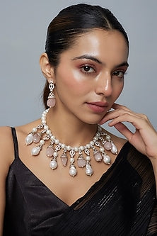 Gold Finish Kundan Polki & Pink Diamond Necklace Set