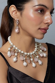 Gold Finish Kundan Polki & Pink Diamond Necklace Set
