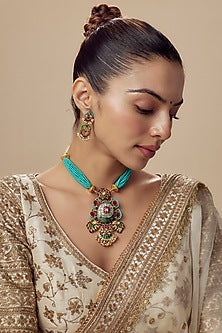 Gold Finish Kundan Polki & Multi-Colored Beaded Necklace Set