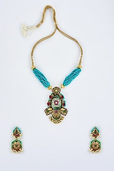 Gold Finish Kundan Polki & Multi-Colored Beaded Necklace Set