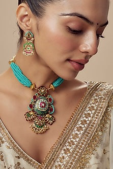 Gold Finish Kundan Polki & Multi-Colored Beaded Necklace Set