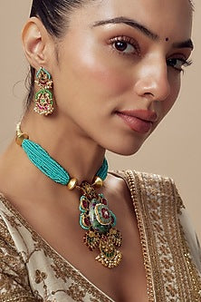 Gold Finish Kundan Polki & Multi-Colored Beaded Necklace Set