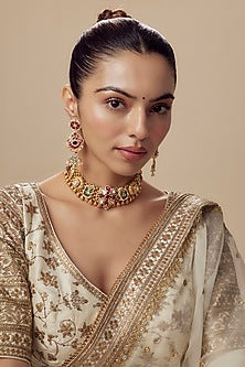 Gold Finish Kundan Polki & Red Stone Choker Necklace Set