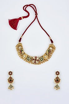 Gold Finish Kundan Polki & Red Stone Choker Necklace Set