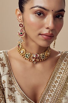 Gold Finish Kundan Polki & Red Stone Choker Necklace Set