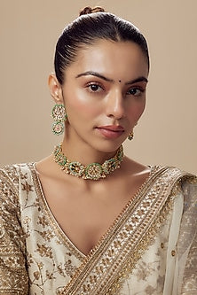 Gold Finish Kundan Polki & Green Stone Choker Necklace Set