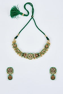 Gold Finish Kundan Polki & Green Stone Choker Necklace Set