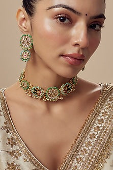 Gold Finish Kundan Polki & Green Stone Choker Necklace Set