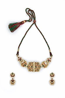 Gold Finish Kundan Polki & Multi-Colored Stone Choker Necklace Set