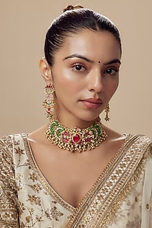 Gold Finish Kundan Polki & Green Stone Choker Necklace Set