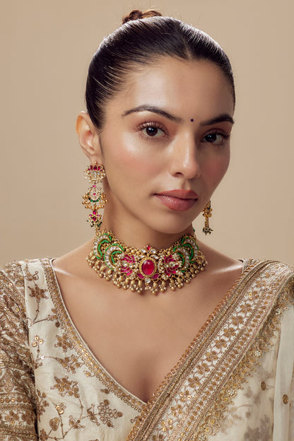 Gold Finish Kundan Polki & Green Stone Choker Necklace Set