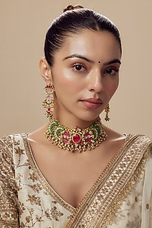 Gold Finish Kundan Polki & Green Stone Choker Necklace Set