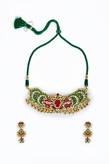 Gold Finish Kundan Polki & Green Stone Choker Necklace Set