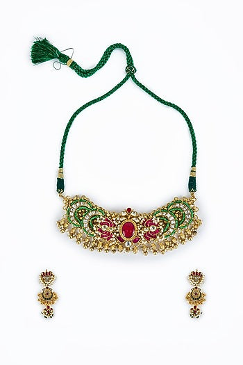 Gold Finish Kundan Polki & Green Stone Choker Necklace Set