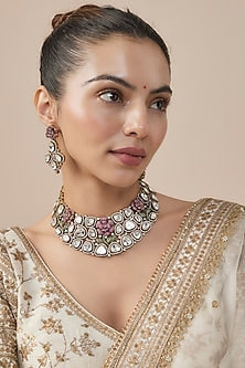 Gold Finish Kundan Polki & Ruby Stone Choker Necklace Set