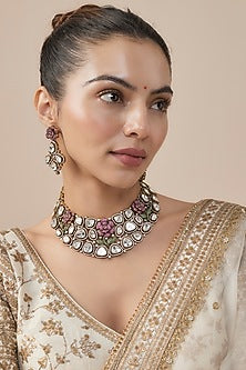 Gold Finish Kundan Polki & Ruby Stone Choker Necklace Set