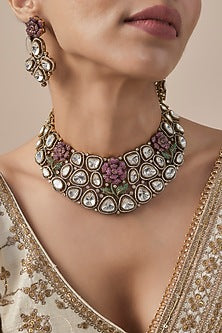 Gold Finish Kundan Polki & Ruby Stone Choker Necklace Set