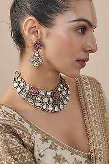 Gold Finish Kundan Polki & Ruby Stone Choker Necklace Set
