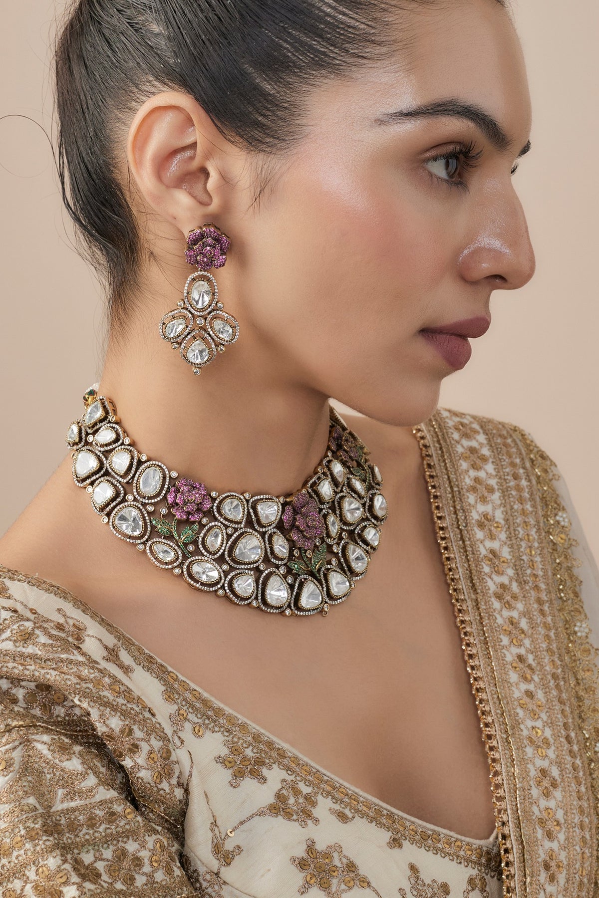 Gold Finish Kundan Polki & Ruby Stone Choker Necklace Set