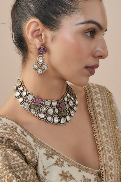 Gold Finish Kundan Polki & Ruby Stone Choker Necklace Set