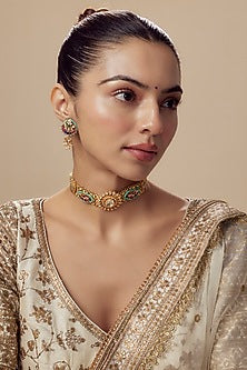 Gold Finish Kundan Polki & Multi-Colored Beaded Choker Necklace Set