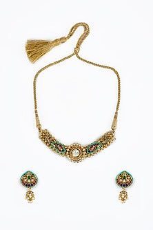 Gold Finish Kundan Polki & Multi-Colored Beaded Choker Necklace Set