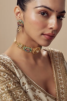 Gold Finish Kundan Polki & Multi-Colored Beaded Choker Necklace Set