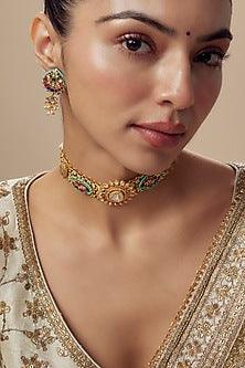 Gold Finish Kundan Polki & Multi-Colored Beaded Choker Necklace Set