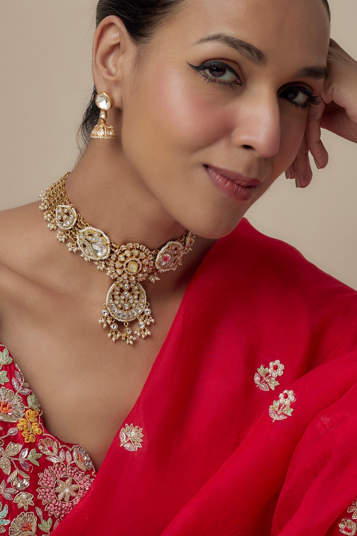 Gold Finish Kundan Polki Necklace Set
