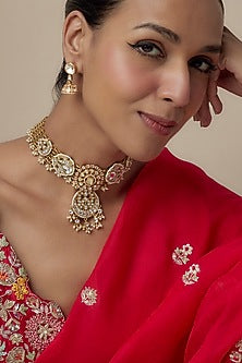 Gold Finish Kundan Polki Necklace Set