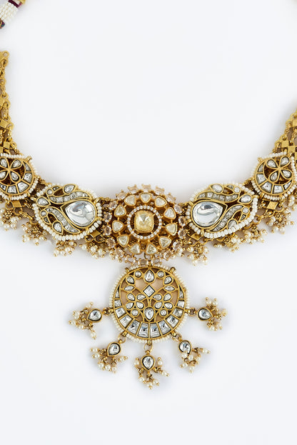 Gold Finish Kundan Polki Necklace Set