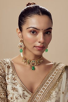 Gold Finish Kundan Polki & Multi-Colored Stone Necklace Set
