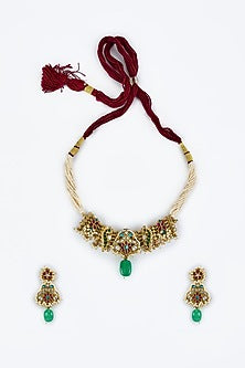 Gold Finish Kundan Polki & Multi-Colored Stone Necklace Set