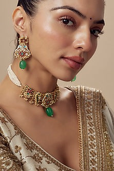 Gold Finish Kundan Polki & Multi-Colored Stone Necklace Set