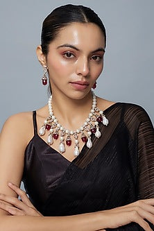 Gold Finish Diamond & Red Stone Long Necklace Set