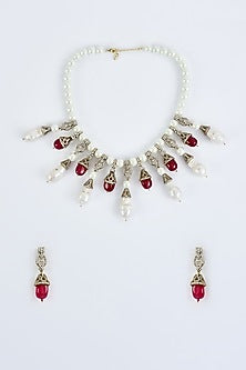 Gold Finish Diamond & Red Stone Long Necklace Set