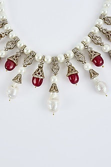 Gold Finish Diamond & Red Stone Long Necklace Set