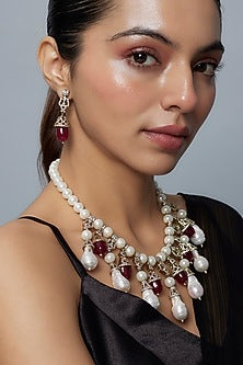 Gold Finish Diamond & Red Stone Long Necklace Set
