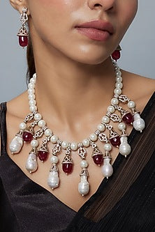 Gold Finish Diamond & Red Stone Long Necklace Set